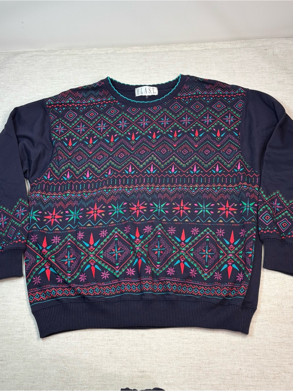 Blast women size S Navy blue fair isle Geometric Crewneck sweatshirt long sleeve